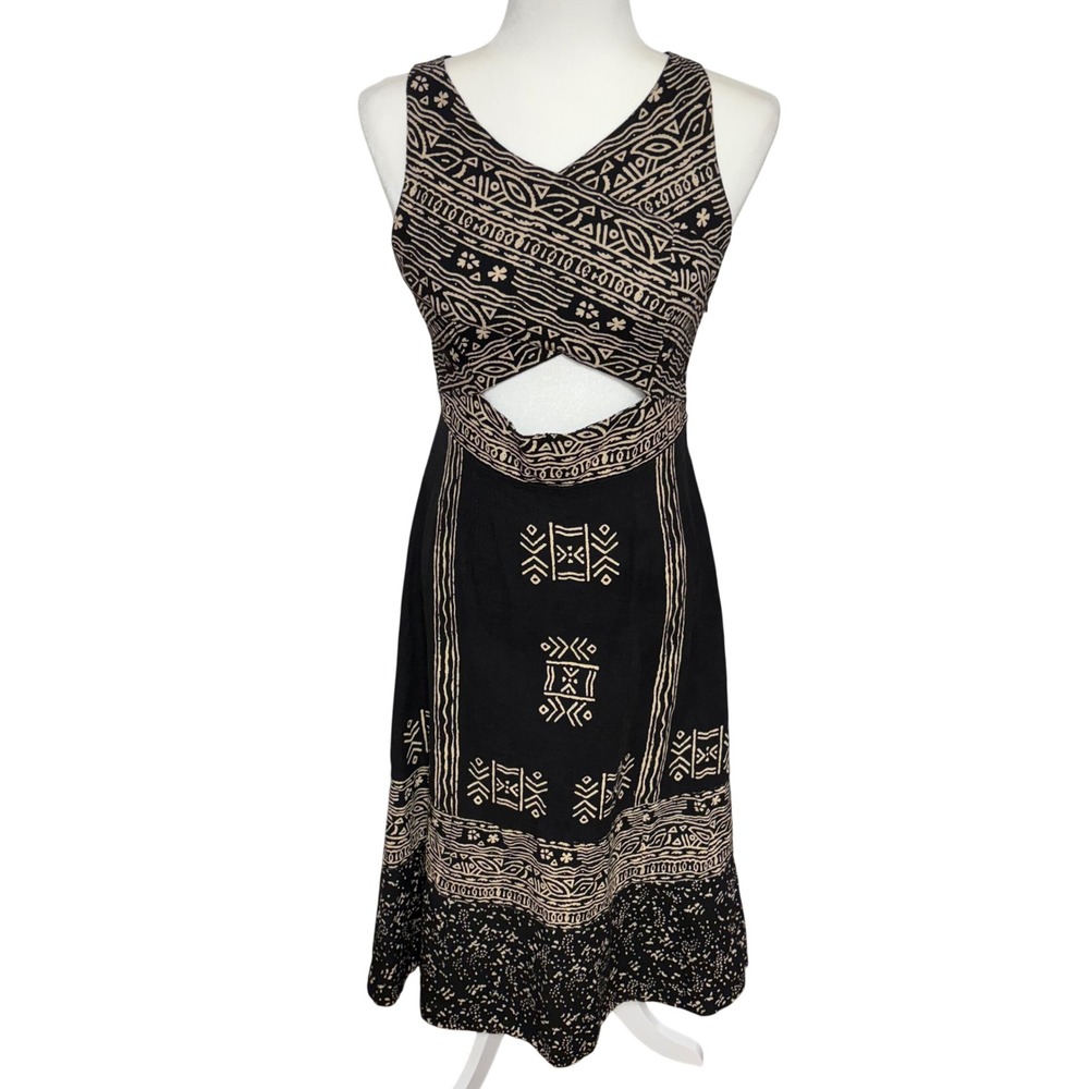 Free People Tribal Cotton Cutout Midi Dress Black Tan Boho Womens Size 8 Western